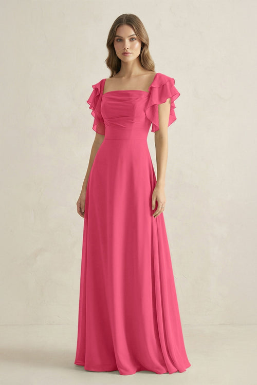Ruffled Sleeves A-Line Chiffon Bridesmaid Dress in Fuchsia - KissProm BRIDESMAID DRESSES