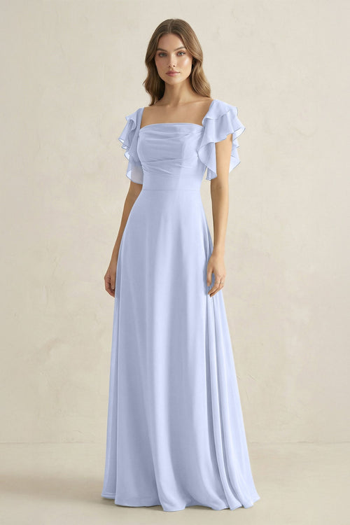 Ruffled Sleeves A-Line Chiffon Bridesmaid Dress in Ice - KissProm BRIDESMAID DRESSES