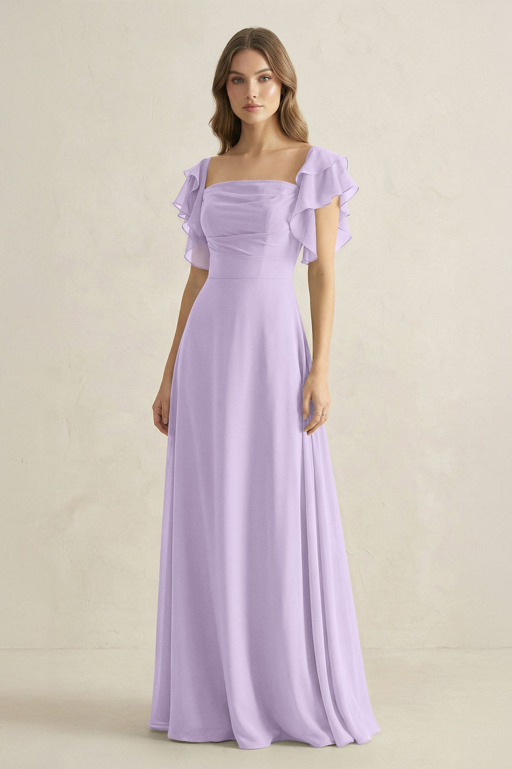 Ruffled Sleeves A-Line Chiffon Bridesmaid Dress in Lavender - KissProm BRIDESMAID DRESSES
