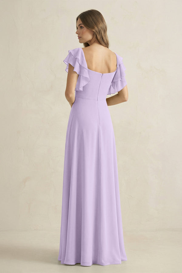 Ruffled Sleeves A-Line Chiffon Bridesmaid Dress in Lavender - KissProm BRIDESMAID DRESSES