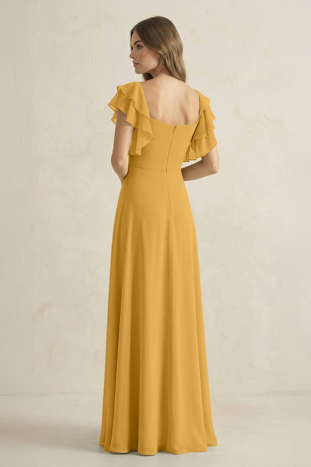 Ruffled Sleeves A-Line Chiffon Bridesmaid Dress in Marigold - KissProm BRIDESMAID DRESSES