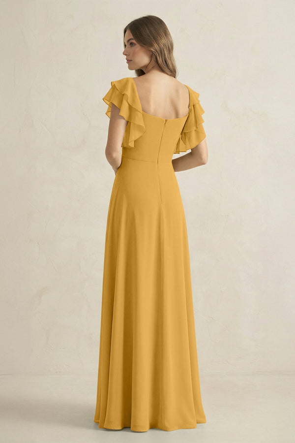Ruffled Sleeves A-Line Chiffon Bridesmaid Dress in Marigold - KissProm BRIDESMAID DRESSES