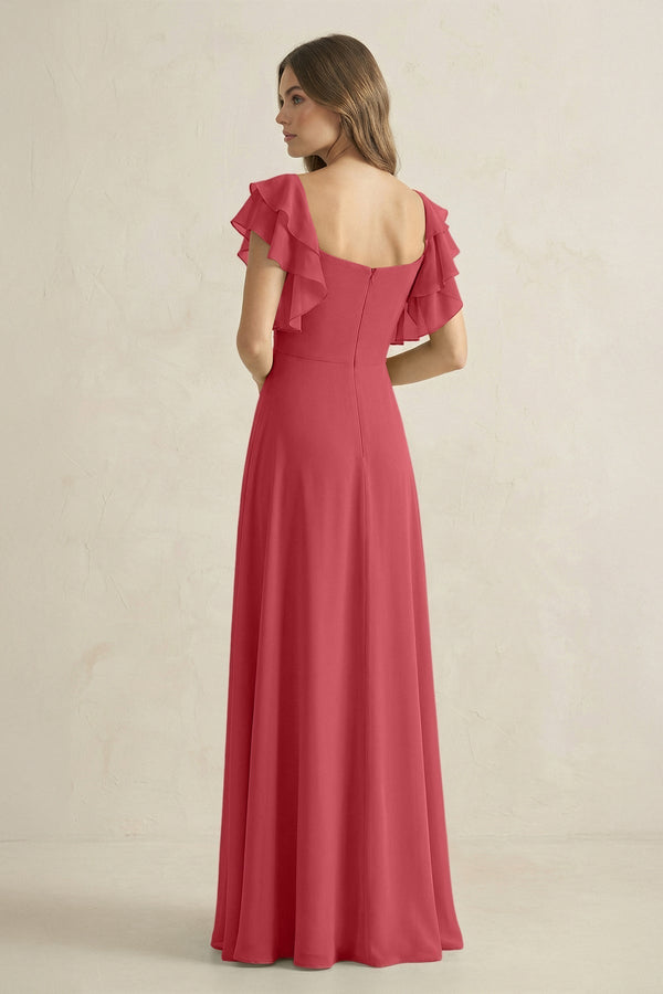 Ruffled Sleeves A-Line Chiffon Bridesmaid Dress in Merlot - KissProm BRIDESMAID DRESSES