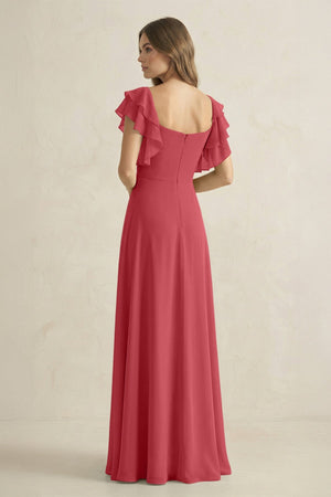 Ruffled Sleeves A-Line Chiffon Bridesmaid Dress in Merlot - KissProm BRIDESMAID DRESSES