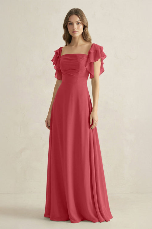 Ruffled Sleeves A-Line Chiffon Bridesmaid Dress in Merlot - KissProm BRIDESMAID DRESSES