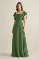 Ruffled Sleeves A-Line Chiffon Bridesmaid Dress in Moss - KissProm BRIDESMAID DRESSES
