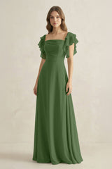 Ruffled Sleeves A-Line Chiffon Bridesmaid Dress in Moss - KissProm BRIDESMAID DRESSES
