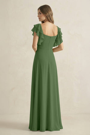 Ruffled Sleeves A-Line Chiffon Bridesmaid Dress in Moss - KissProm BRIDESMAID DRESSES