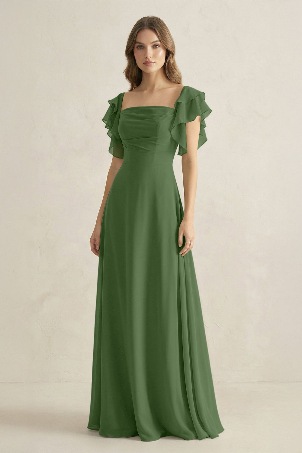 Ruffled Sleeves A-Line Chiffon Bridesmaid Dress in Moss - KissProm BRIDESMAID DRESSES