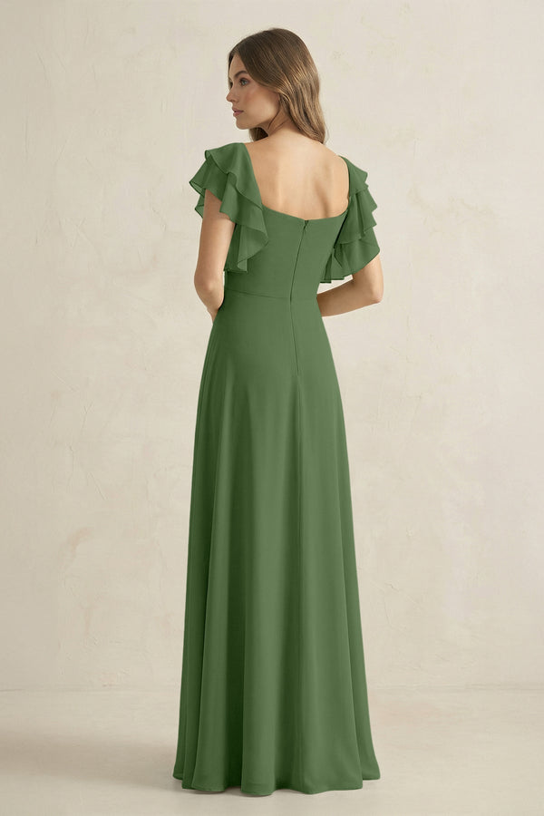 Ruffled Sleeves A-Line Chiffon Bridesmaid Dress in Moss - KissProm BRIDESMAID DRESSES