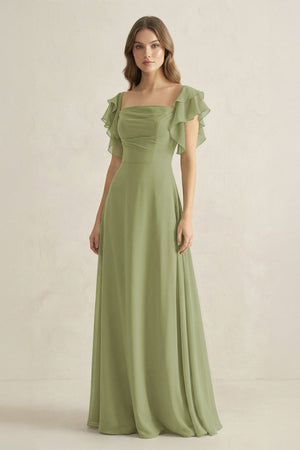 Ruffled Sleeves A-Line Chiffon Bridesmaid Dress in Moss Green - KissProm BRIDESMAID DRESSES
