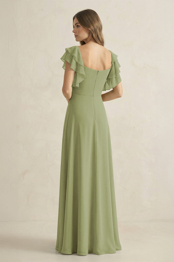 Ruffled Sleeves A-Line Chiffon Bridesmaid Dress in Moss Green - KissProm BRIDESMAID DRESSES
