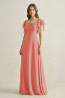 Ruffled Sleeves A-Line Chiffon Bridesmaid Dress in Mulberry - KissProm BRIDESMAID DRESSES
