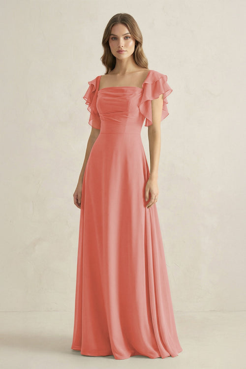 Ruffled Sleeves A-Line Chiffon Bridesmaid Dress in Mulberry - KissProm BRIDESMAID DRESSES