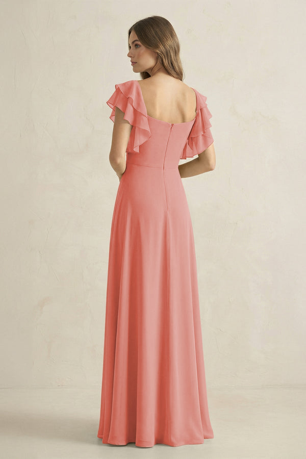 Ruffled Sleeves A-Line Chiffon Bridesmaid Dress in Mulberry - KissProm BRIDESMAID DRESSES