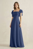 Ruffled Sleeves A-Line Chiffon Bridesmaid Dress in Navy - KissProm BRIDESMAID DRESSES