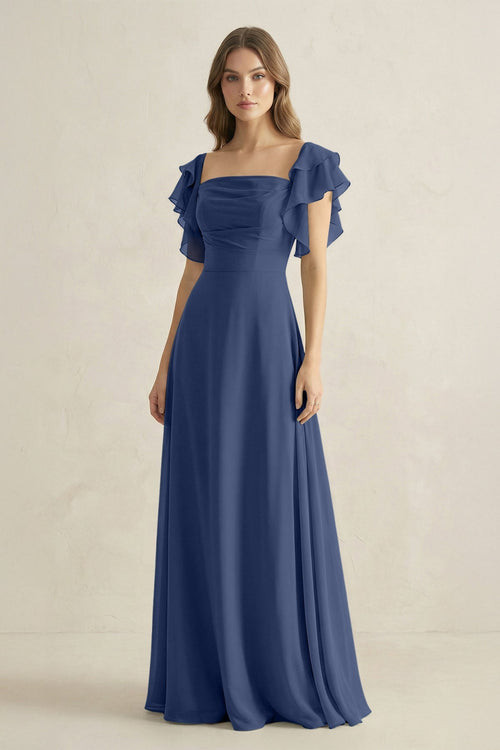 Ruffled Sleeves A-Line Chiffon Bridesmaid Dress in Navy - KissProm BRIDESMAID DRESSES