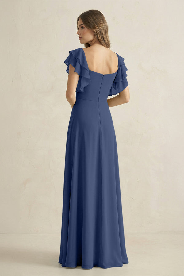 Ruffled Sleeves A-Line Chiffon Bridesmaid Dress in Navy - KissProm BRIDESMAID DRESSES