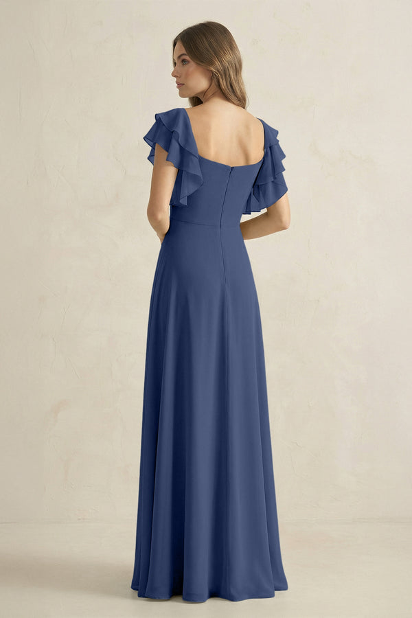 Ruffled Sleeves A-Line Chiffon Bridesmaid Dress in Navy