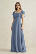 Ruffled Sleeves A-Line Chiffon Bridesmaid Dress in Neptune - KissProm BRIDESMAID DRESSES