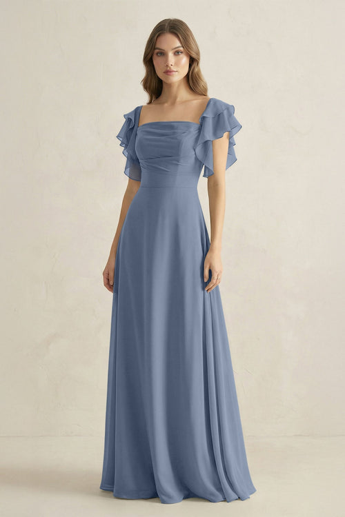 Ruffled Sleeves A-Line Chiffon Bridesmaid Dress in Neptune - KissProm BRIDESMAID DRESSES