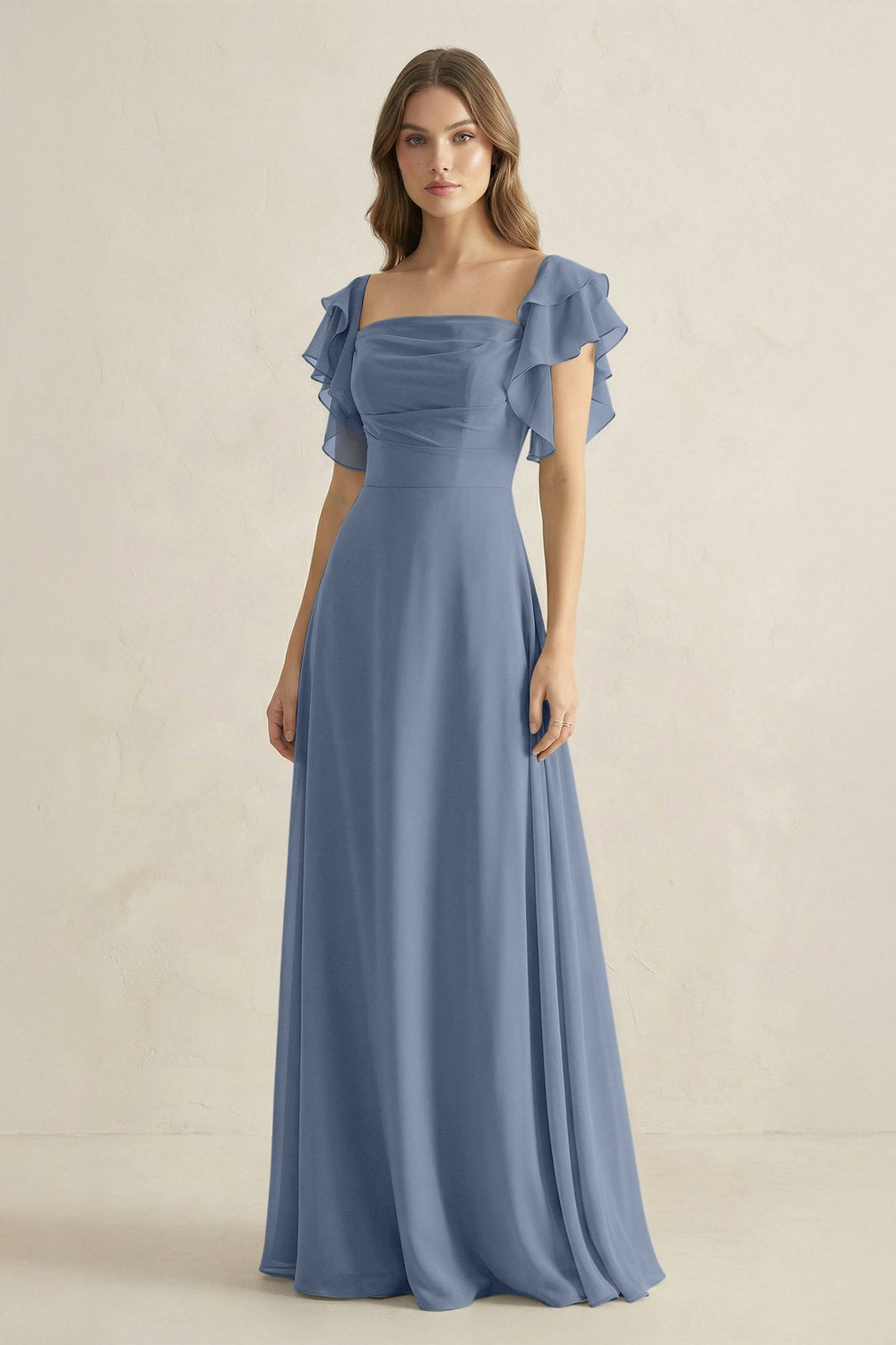 Ruffled Sleeves A-Line Chiffon Bridesmaid Dress in Neptune - KissProm BRIDESMAID DRESSES