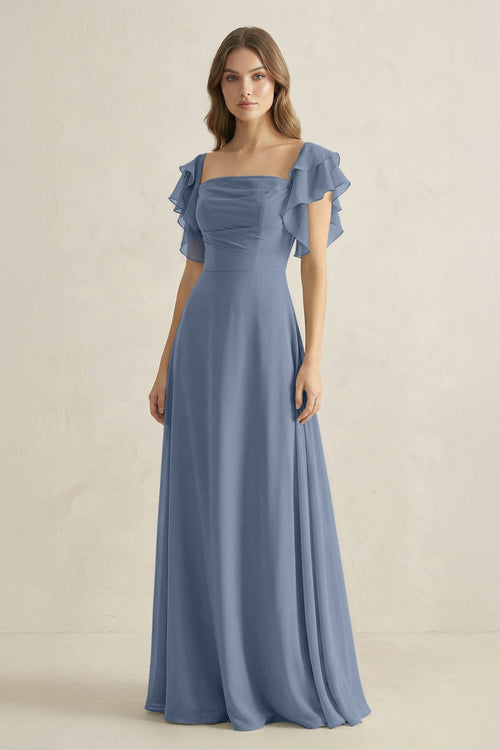 Ruffled Sleeves A-Line Chiffon Bridesmaid Dress in Neptune - KissProm BRIDESMAID DRESSES