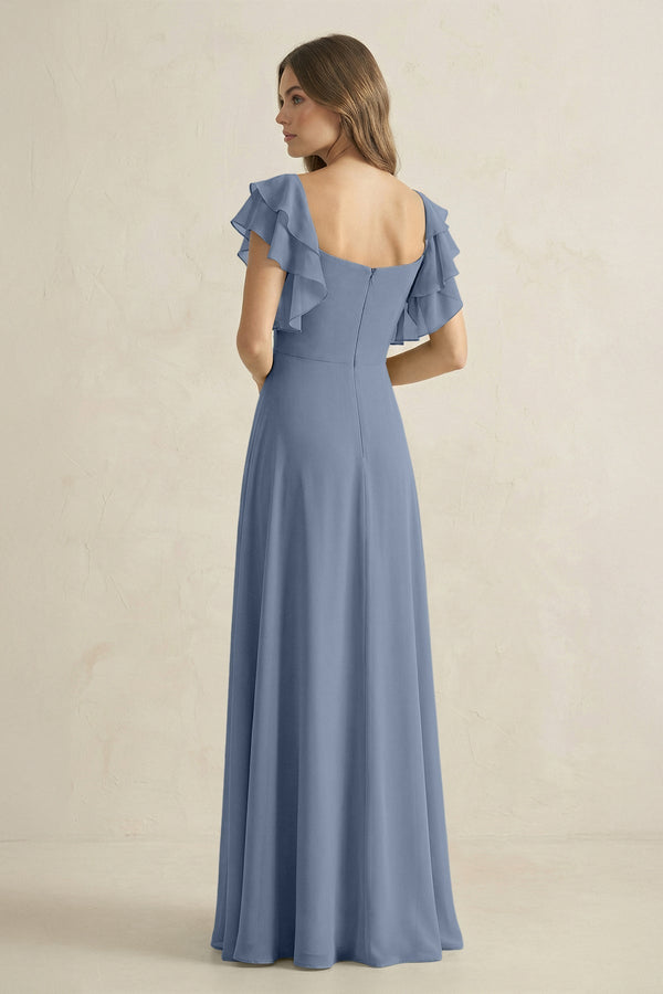 Ruffled Sleeves A-Line Chiffon Bridesmaid Dress in Neptune - KissProm BRIDESMAID DRESSES