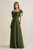 Ruffled Sleeves A-Line Chiffon Bridesmaid Dress in Olive - KissProm BRIDESMAID DRESSES
