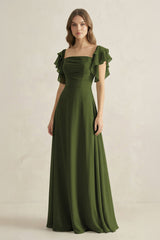 Ruffled Sleeves A-Line Chiffon Bridesmaid Dress in Olive - KissProm BRIDESMAID DRESSES