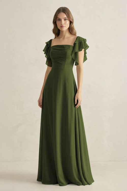 Ruffled Sleeves A-Line Chiffon Bridesmaid Dress in Olive - KissProm BRIDESMAID DRESSES