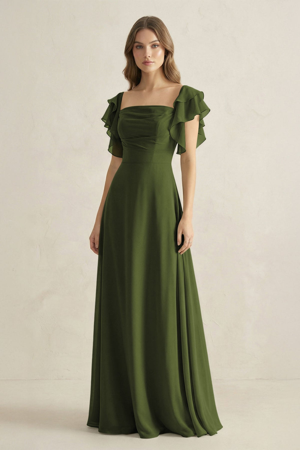 Ruffled Sleeves A-Line Chiffon Bridesmaid Dress in Olive - KissProm BRIDESMAID DRESSES