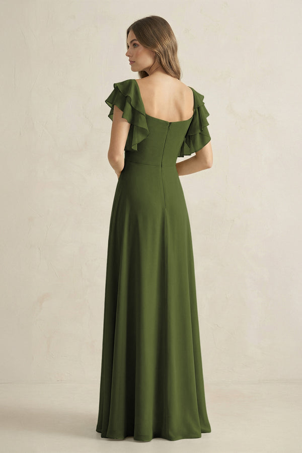 Ruffled Sleeves A-Line Chiffon Bridesmaid Dress in Olive - KissProm BRIDESMAID DRESSES