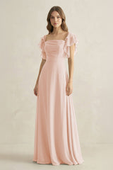 Ruffled Sleeves A-Line Chiffon Bridesmaid Dress in Pale Blush - KissProm BRIDESMAID DRESSES