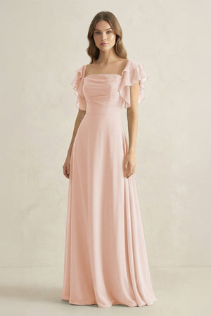 Ruffled Sleeves A-Line Chiffon Bridesmaid Dress in Pale Blush - KissProm BRIDESMAID DRESSES