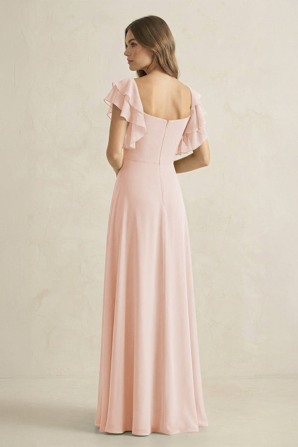 Ruffled Sleeves A-Line Chiffon Bridesmaid Dress in Pale Blush - KissProm BRIDESMAID DRESSES