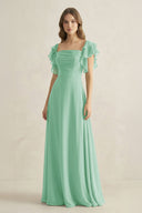 Ruffled Sleeves A-Line Chiffon Bridesmaid Dress in Pale Pistachio - KissProm BRIDESMAID DRESSES