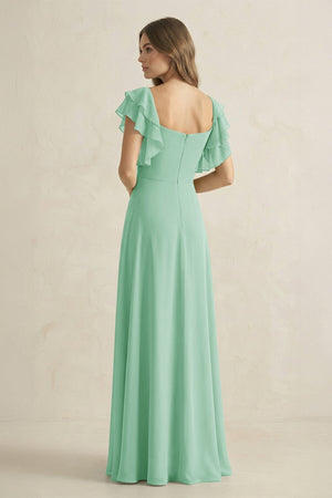 Ruffled Sleeves A-Line Chiffon Bridesmaid Dress in Pale Pistachio - KissProm BRIDESMAID DRESSES