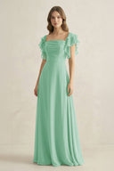 Ruffled Sleeves A-Line Chiffon Bridesmaid Dress in Pale Pistachio - KissProm BRIDESMAID DRESSES