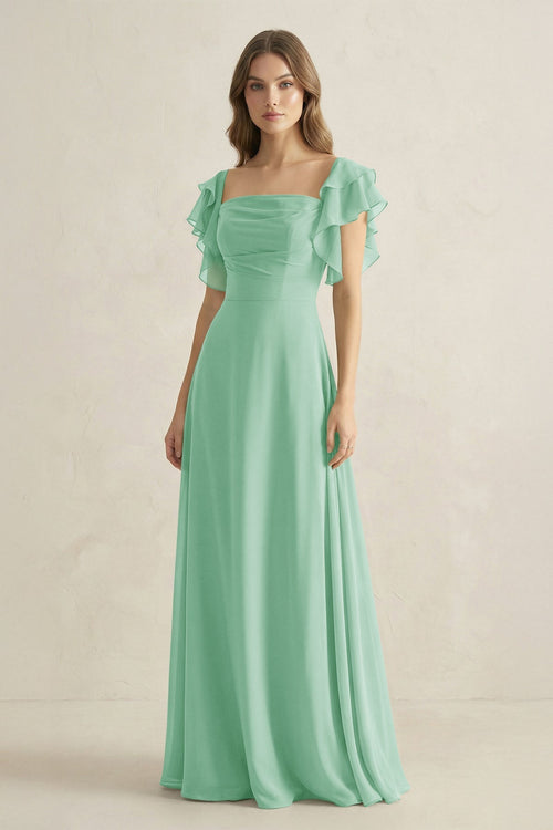 Ruffled Sleeves A-Line Chiffon Bridesmaid Dress in Pale Pistachio - KissProm BRIDESMAID DRESSES