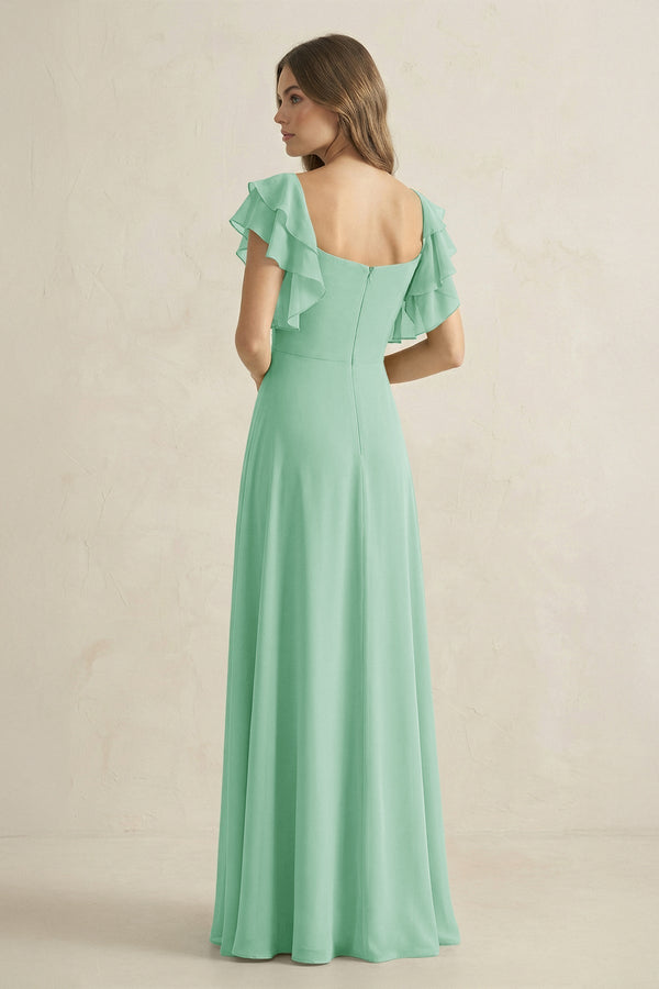 Ruffled Sleeves A-Line Chiffon Bridesmaid Dress in Pale Pistachio - KissProm BRIDESMAID DRESSES