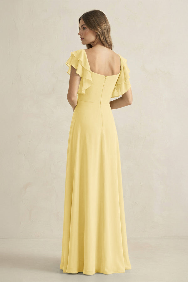 Ruffled Sleeves A-Line Chiffon Bridesmaid Dress in Pastel Yellow - KissProm BRIDESMAID DRESSES