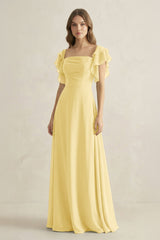 Ruffled Sleeves A-Line Chiffon Bridesmaid Dress in Pastel Yellow - KissProm BRIDESMAID DRESSES