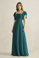 Ruffled Sleeves A-Line Chiffon Bridesmaid Dress in Pine - KissProm BRIDESMAID DRESSES