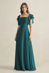 Ruffled Sleeves A-Line Chiffon Bridesmaid Dress in Pine - KissProm BRIDESMAID DRESSES