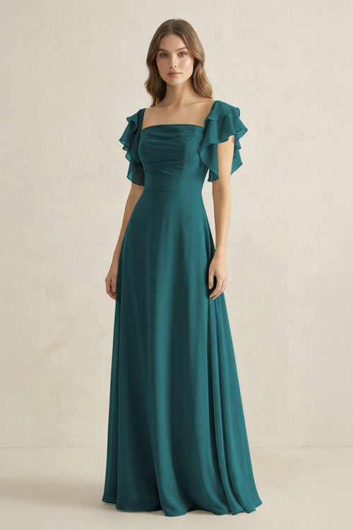 Ruffled Sleeves A-Line Chiffon Bridesmaid Dress in Pine - KissProm BRIDESMAID DRESSES