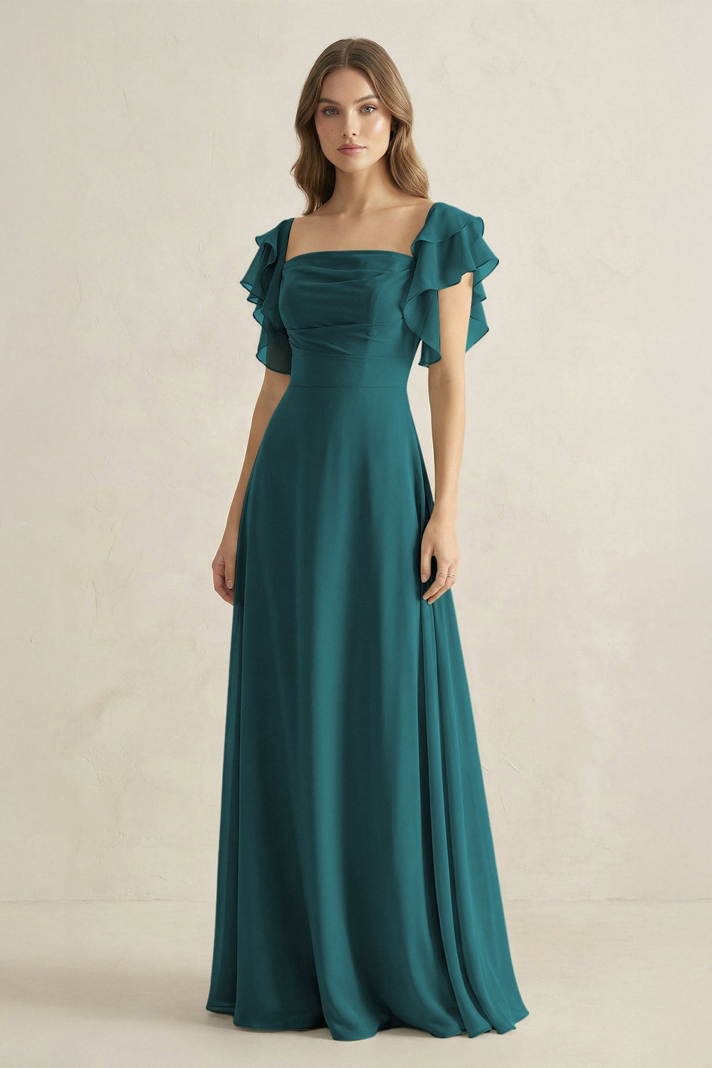 Ruffled Sleeves A-Line Chiffon Bridesmaid Dress in Pine - KissProm BRIDESMAID DRESSES