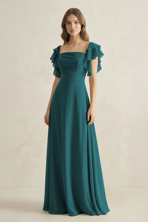 Ruffled Sleeves A-Line Chiffon Bridesmaid Dress in Pine - KissProm BRIDESMAID DRESSES