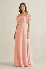 Ruffled Sleeves A-Line Chiffon Bridesmaid Dress in Rose Petal - KissProm BRIDESMAID DRESSES