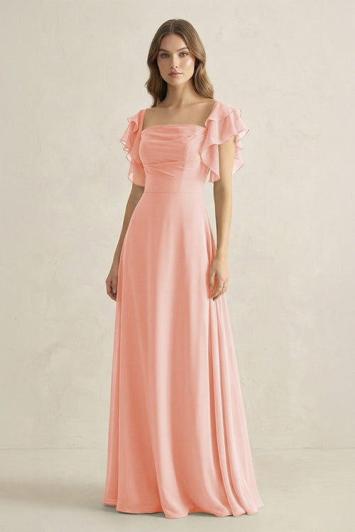 Ruffled Sleeves A-Line Chiffon Bridesmaid Dress in Rose Petal - KissProm BRIDESMAID DRESSES